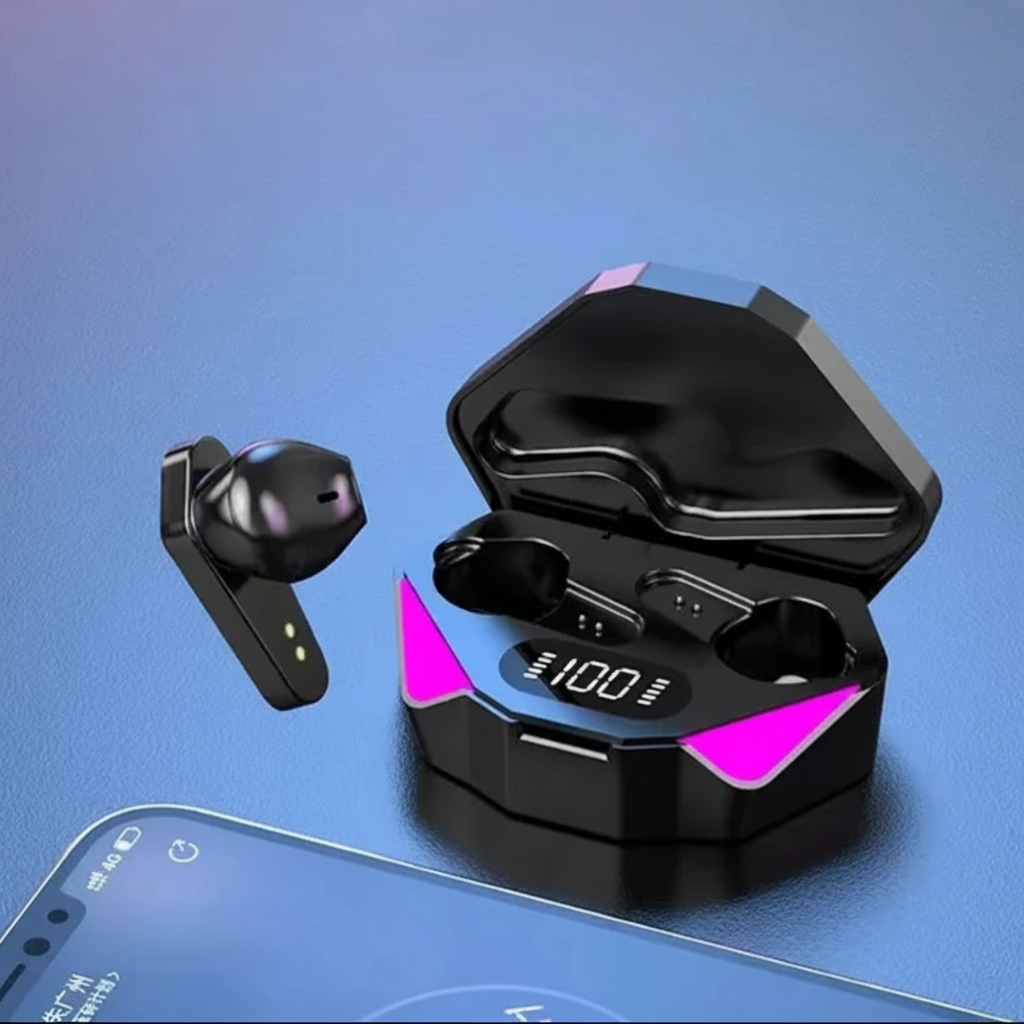 Gaming earbuds with RGB charging case no text
