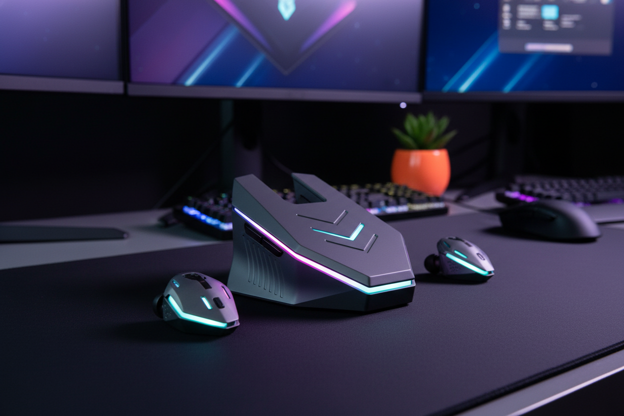 Futuristic gaming mouse set with RGB lighting